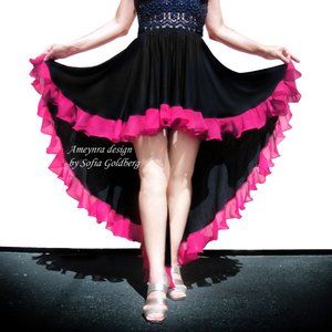 Ameynra high low skirt black cotton fuchsia ruffle